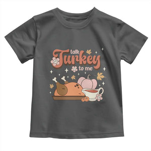 Funny Retro Thanksgiving Baby Shirt Talk Turkey To Me Fall Season Family Matching TS11 Dark Heather Print Your Wear