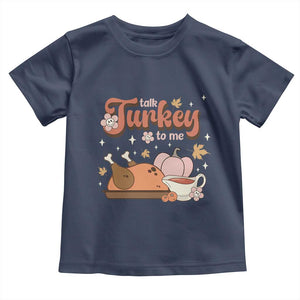 Funny Retro Thanksgiving Baby Shirt Talk Turkey To Me Fall Season Family Matching TS11 Navy Print Your Wear