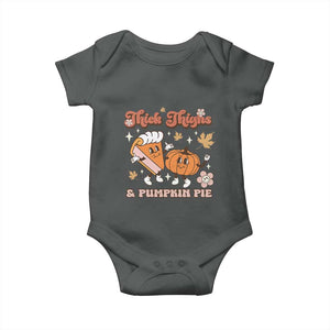 Funny Retro Thanksgiving Baby Onesie Thick Thighs And Pumpkin Pie Fall Season Family Matching TS11 Dark Heather Print Your Wear