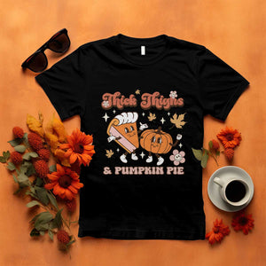 Funny Retro Thanksgiving T Shirt Thick Thighs And Pumpkin Pie Fall Season Family Matching TS11 Black Print Your Wear