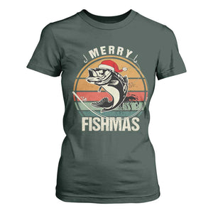 Funny Christmas Fishing T Shirt For Women Merry Fishmas Vintage Sunset Retro TS11 Dark Forest Green Print Your Wear