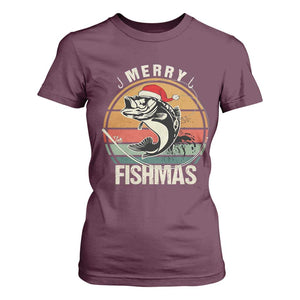 Funny Christmas Fishing T Shirt For Women Merry Fishmas Vintage Sunset Retro TS11 Maroon Print Your Wear