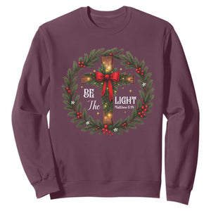 Christmas Be The Light Sweatshirt Christian Xmas Holiday Wreath Cross TS11 Maroon Print Your Wear