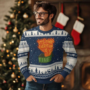 Funny Dumpster Fire Ugly Christmas Sweater Its Fine Everything Is Fine Chaos TS11 Navy Beige Print Your Wear