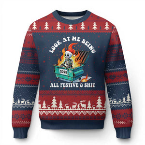 Funny Xmas Dumpster Fire Skeleton 2025 Ugly Christmas Sweater Look At Me Being All Festive And Shit TS11 Navy Red Print Your Wear
