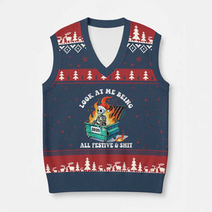 Funny Xmas Dumpster Fire Skeleton 2025 V-Neck Knit Sweater Vest Look At Me Being All Festive And Shit TS11 Navy Red Print Your Wear