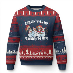 Funny Xmas Native American Ugly Christmas Sweater Chillin' With My Snowmies Snowman Tribes TS11 Navy Red Print Your Wear