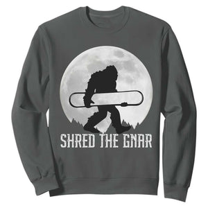 Funny Bigfoot Snowboarding Sweatshirt Shred The Gnar Moon Snowboard TS11 Dark Heather Print Your Wear