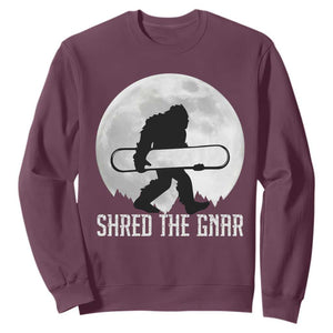 Funny Bigfoot Snowboarding Sweatshirt Shred The Gnar Moon Snowboard TS11 Maroon Print Your Wear