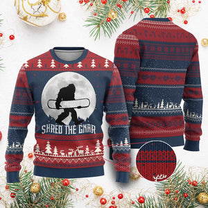 Funny Bigfoot Snowboarding Ugly Christmas Sweater Shred The Gnar Moon Snowboard TS11 Burgundy Print Your Wear