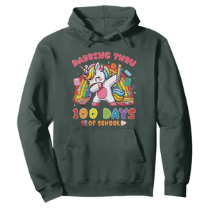 Funny Dabbing Thru 100 Days Of School Hoodie Dabbing Unicorn Rainbow TS11 Dark Forest Green Print Your Wear