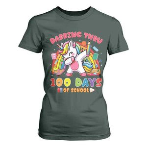 Funny Dabbing Thru 100 Days Of School T Shirt For Women Dabbing Unicorn Rainbow TS11 Dark Forest Green Print Your Wear