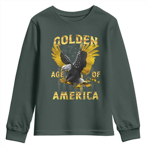 Trump 2025 Golden Age Of America Youth Sweatshirt Gold Eagle Vintage American Flag TS11 Dark Forest Green Print Your Wear