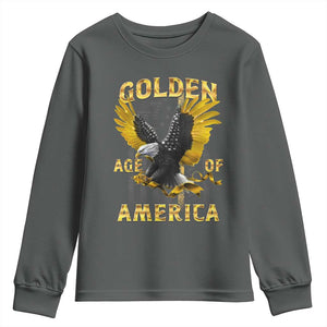 Trump 2025 Golden Age Of America Youth Sweatshirt Gold Eagle Vintage American Flag TS11 Dark Heather Print Your Wear