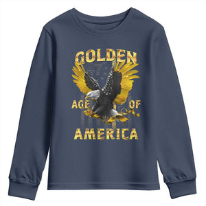 Trump 2025 Golden Age Of America Youth Sweatshirt Gold Eagle Vintage American Flag TS11 Navy Print Your Wear