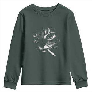 Funny Cat Smoking Cigarette Meme Youth Sweatshirt Cat Face Y2K Graphic TS11 Dark Forest Green Print Your Wear