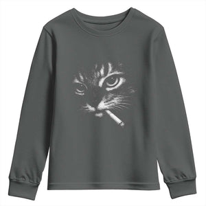 Funny Cat Smoking Cigarette Meme Youth Sweatshirt Cat Face Y2K Graphic TS11 Dark Heather Print Your Wear