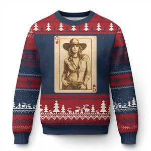 Funny Western Valentine Cowgirl Queen of Hearts Card Ugly Christmas Sweater TS11 Navy Red Print Your Wear