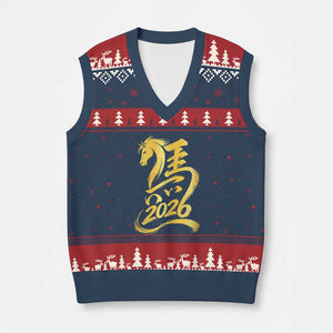 Chinese New Year 2026 V-Neck Knit Sweater Vest Year of The Horse Gold Calligraphy Art TS11 Navy Red Print Your Wear