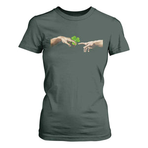 Funny St Patricks Day Shamrock The Creation of Adam Meme T Shirt For Women TS11 Dark Forest Green Print Your Wear