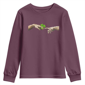 Funny St Patricks Day Shamrock The Creation of Adam Meme Youth Sweatshirt TS11 Maroon Print Your Wear