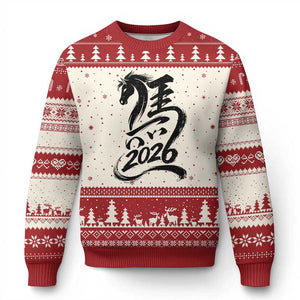 Chinese New Year 2026 Ugly Christmas Sweater Year of The Horse Calligraphy Ink Art TS11 Beige Red Print Your Wear