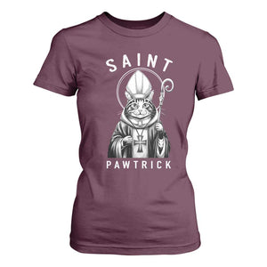 Funny St Patrick's Day Cat T Shirt For Women Saint Pawtrick TS11 Maroon Print Your Wear