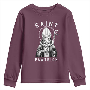 Funny St Patrick's Day Cat Youth Sweatshirt Saint Pawtrick TS11 Maroon Print Your Wear