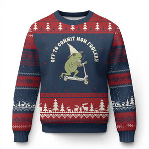 Off To Commit Mom Foolery Ugly Christmas Sweater Funny Mama Frog Scooter Mother's Day TS11 Navy Red Print Your Wear