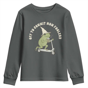 Off To Commit Mom Foolery Youth Sweatshirt Funny Mama Frog Scooter Mother's Day TS11 Dark Heather Print Your Wear