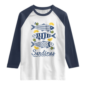 Minimal Sardines Fishermen Aesthetic Retro Raglan Shirt TS11 White Navy Print Your Wear