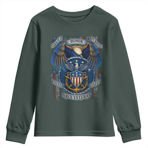 US Navy Veteran Service Honor Sacrifice Youth Sweatshirt Vintage Bald Eagle American Flag Anchor TS11 Dark Forest Green Print Your Wear