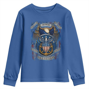 US Navy Veteran Service Honor Sacrifice Youth Sweatshirt Vintage Bald Eagle American Flag Anchor TS11 Royal Blue Print Your Wear