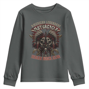 American Legendary Motorcycle Indian Biker Club Youth Sweatshirt Vintage Native American Skull Chief TS11 Dark Heather Print Your Wear