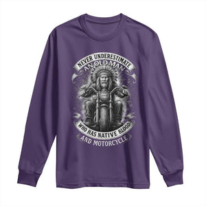 Never Underestimate An Old Man Who Has Native Blood And Motorcycle Long Sleeve Shirt Native American Biker TS11 Purple Print Your Wear