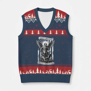 Saint Michael Protect Us In Battle V-Neck Knit Sweater Vest American Flag Catholic Christian Faith TS11 Navy Red Print Your Wear