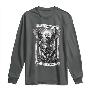 Saint Michael Protect Us In Battle Long Sleeve Shirt American Flag Catholic Christian Faith TS11 Dark Heather Print Your Wear