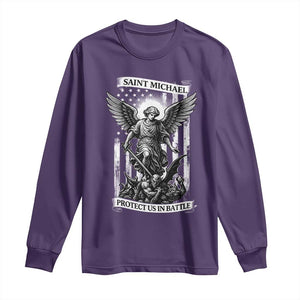 Saint Michael Protect Us In Battle Long Sleeve Shirt American Flag Catholic Christian Faith TS11 Purple Print Your Wear