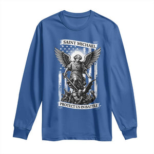 Saint Michael Protect Us In Battle Long Sleeve Shirt American Flag Catholic Christian Faith TS11 Royal Blue Print Your Wear
