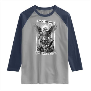 Saint Michael Protect Us In Battle Raglan Shirt American Flag Catholic Christian Faith TS11 Sport Gray Navy Print Your Wear