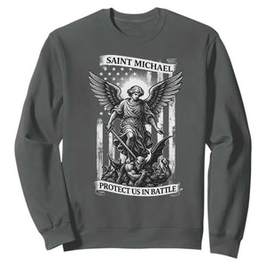 Saint Michael Protect Us In Battle Sweatshirt American Flag Catholic Christian Faith TS11 Dark Heather Print Your Wear