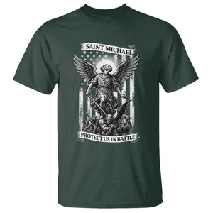 Saint Michael Protect Us In Battle T Shirt American Flag Catholic Christian Faith TS11 Dark Forest Green Print Your Wear