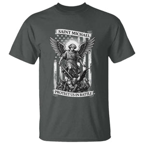 Saint Michael Protect Us In Battle T Shirt American Flag Catholic Christian Faith TS11 Dark Heather Print Your Wear