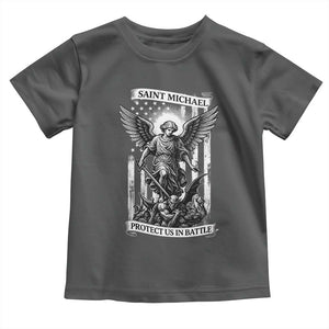 Saint Michael Protect Us In Battle Toddler T Shirt American Flag Catholic Christian Faith TS11 Dark Heather Print Your Wear