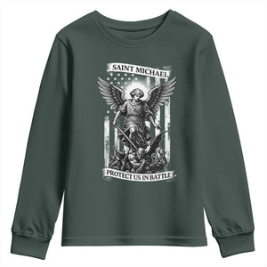 Saint Michael Protect Us In Battle Youth Sweatshirt American Flag Catholic Christian Faith TS11 Dark Forest Green Print Your Wear