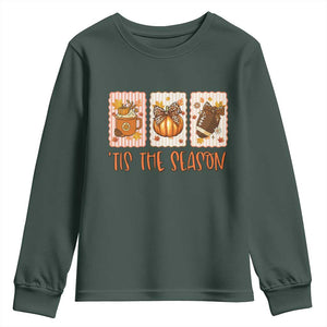 Tis The Season Fall Thanksgiving Youth Sweatshirt American Football Pumpkin Postage Stamps TS11 Dark Forest Green Print Your Wear