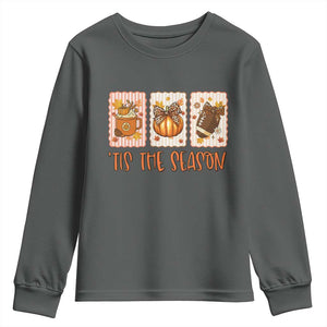 Tis The Season Fall Thanksgiving Youth Sweatshirt American Football Pumpkin Postage Stamps TS11 Dark Heather Print Your Wear