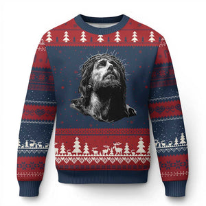 Jesus Christ Religious Christian Faith Crown Of Thorns Ugly Christmas Sweater TS11 Navy Red Print Your Wear