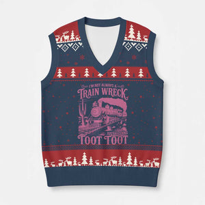 Funny I Am Not Always A Train Wreck Just Kidding Toot Toot V-Neck Knit Sweater Vest Pink Train TS11 Navy Red Print Your Wear