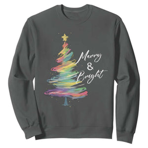 Christmas Sweatshirt Merry And Bright Colorful Xmas Tree TS11 Dark Heather Print Your Wear